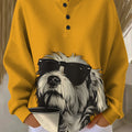 Women's Vintage Sunglasses Coffee Dog Art Print Casual Waffle Henry Collar Sweatshirt