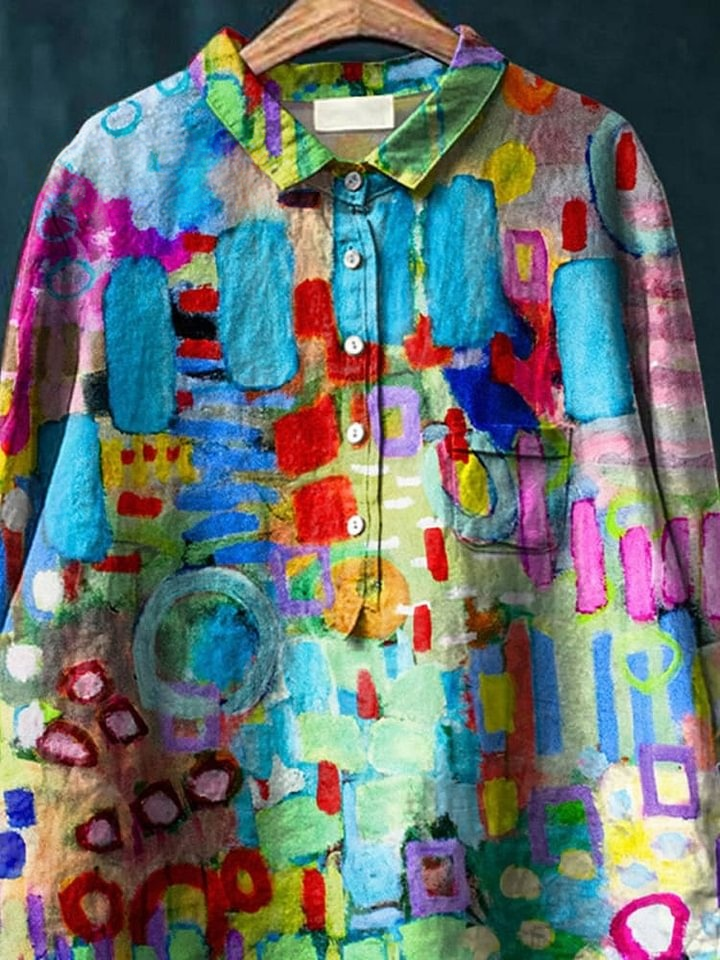 Colorful Abstract Painting Printed Women's Casual Cotton And Linen Shirt