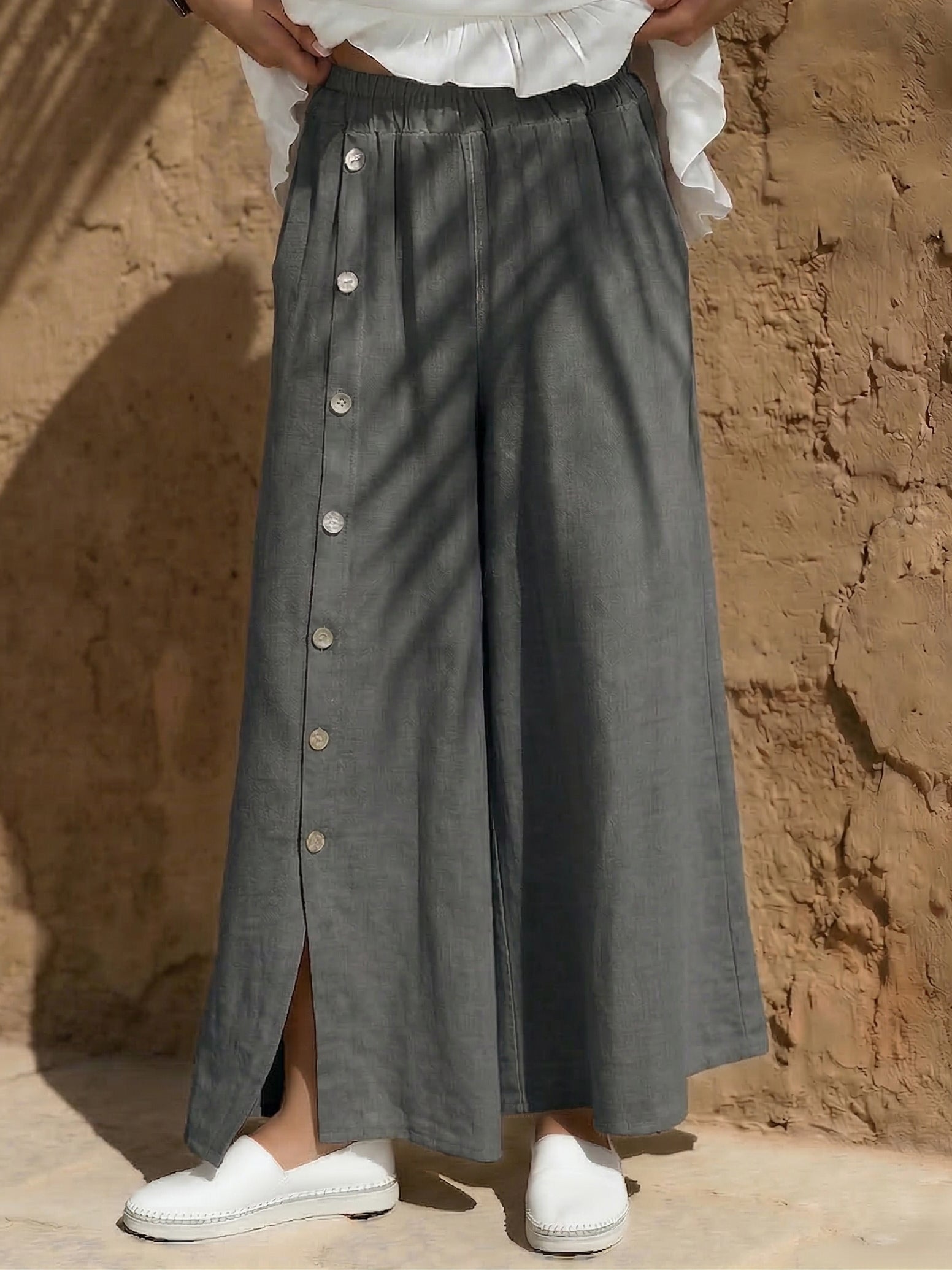 Cozy Buttoned Slits Cotton-linen Wide-leg Pants
