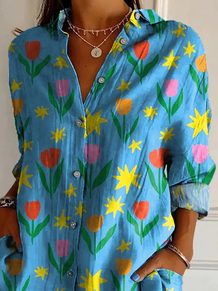 Tulip And Star Cartoon Pattern Printed Women's Casual Cotton Shirt