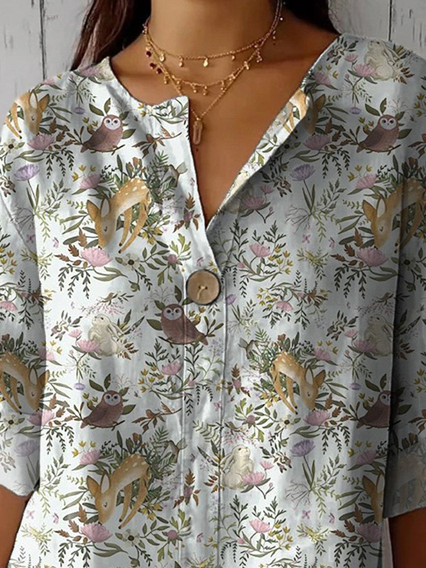 Woodland Animals And Floral Pattern Printed Women's Casual Cotton Linen Shirt