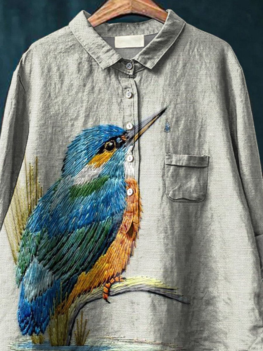 Embroidery Style Kingfisher Graphic Printed Women's Casual Cotton And Linen Shirt