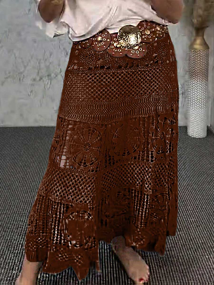 Women's High-Waisted Solid Color Hollow Lace Embroidery Casual A-Line Skirt