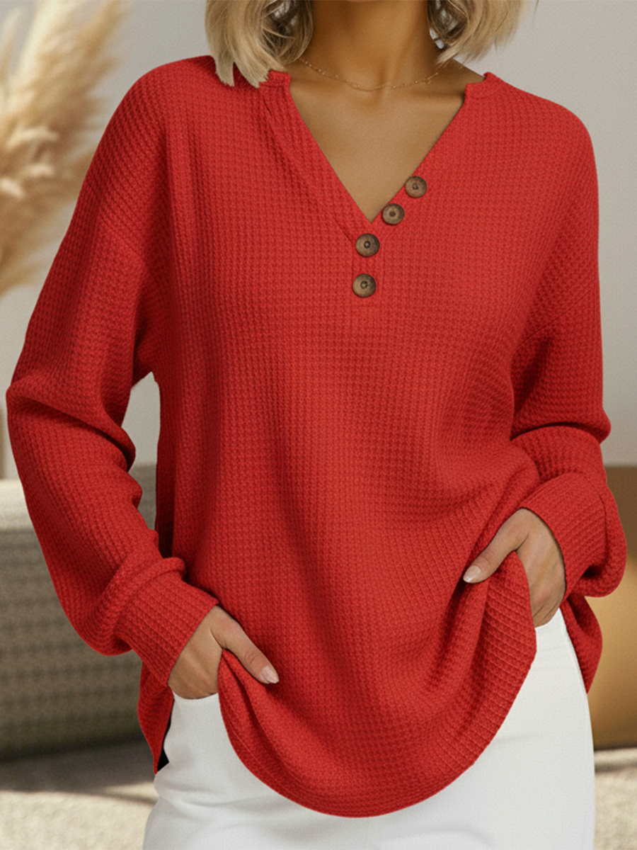 Casual V-neck Button-down Waffle Sweatshirt Top