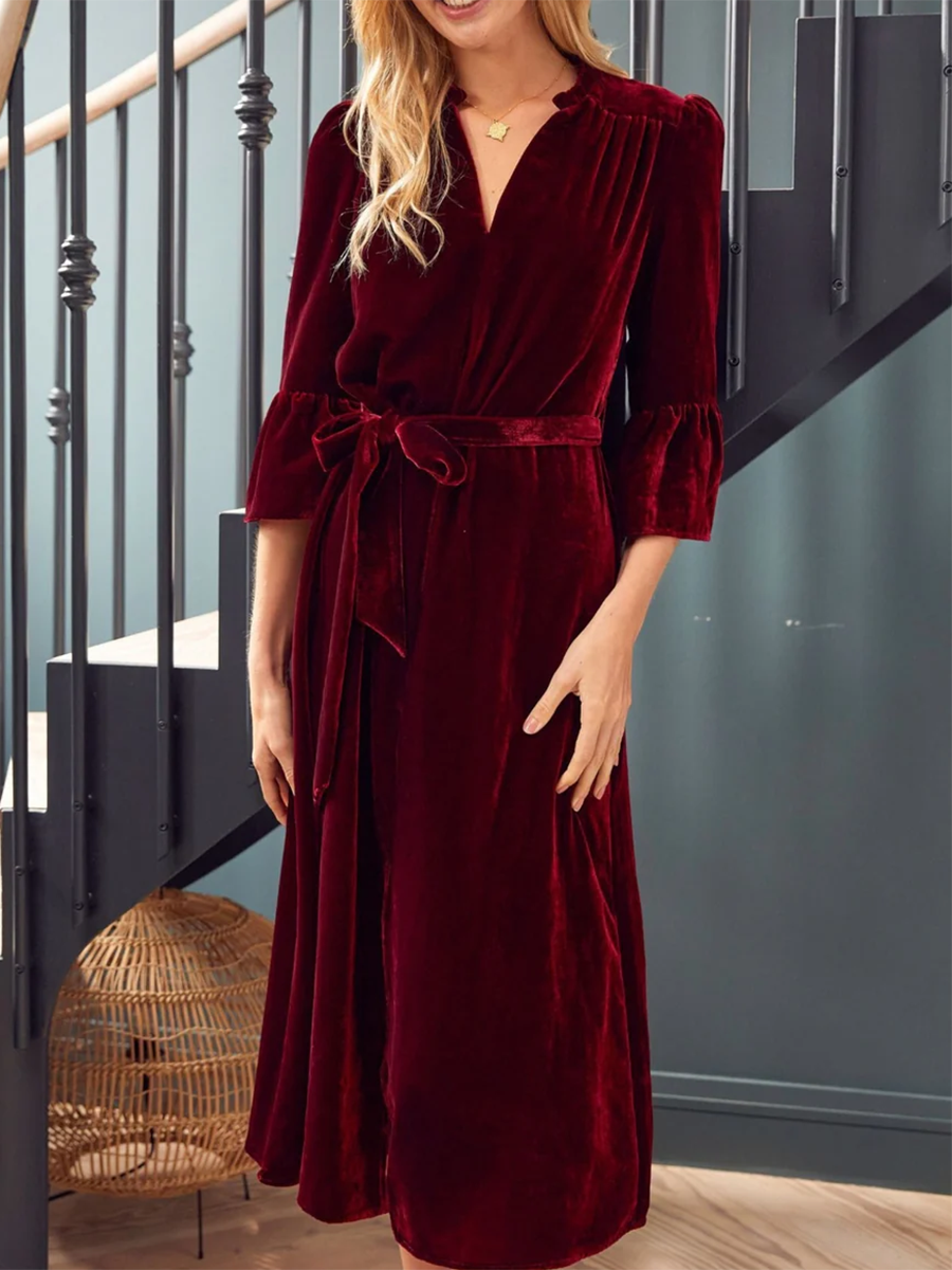 Women's Elegant V-neck Velvet Strap Midi Dress