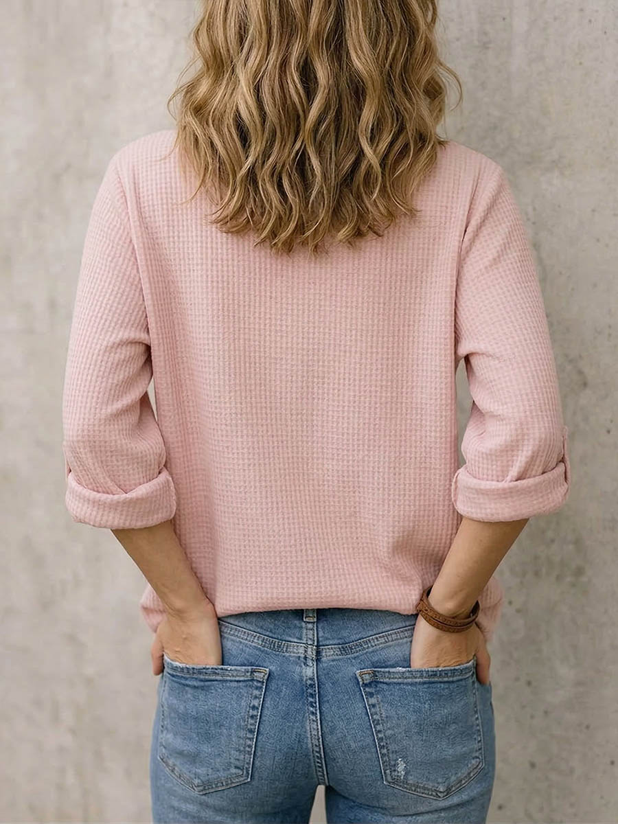 Women's V-neck Long-sleeve Casual Loose Waffle-knit Cotton Top