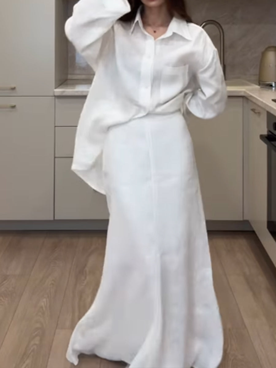 Women's Cotton and Linen Shirt and Skirt Set