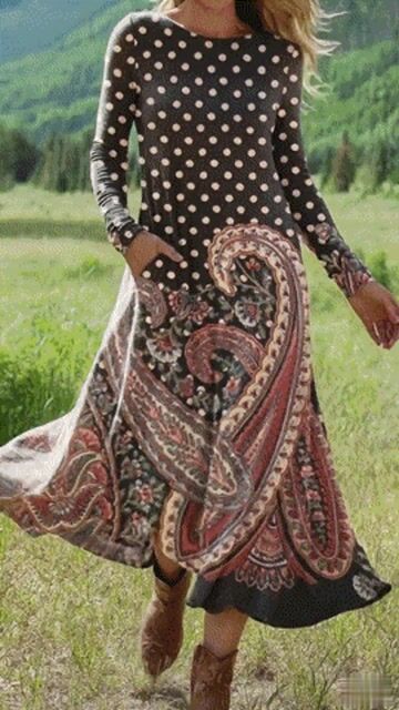 Women's Vintage Cashew Flower Art Print Long-sleeved Dress