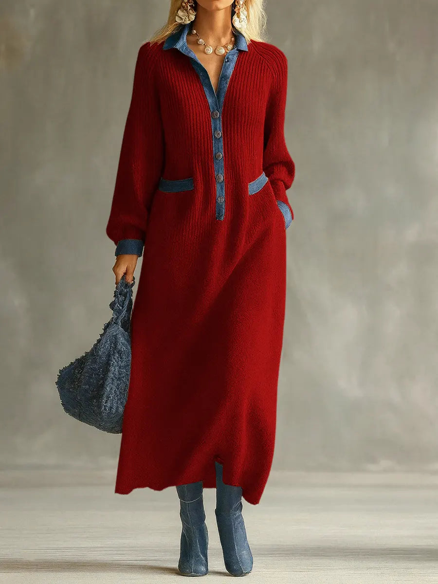 Women's Shirt Collar Long Sleeve Denim Stitching Casual Loose Knit Dress