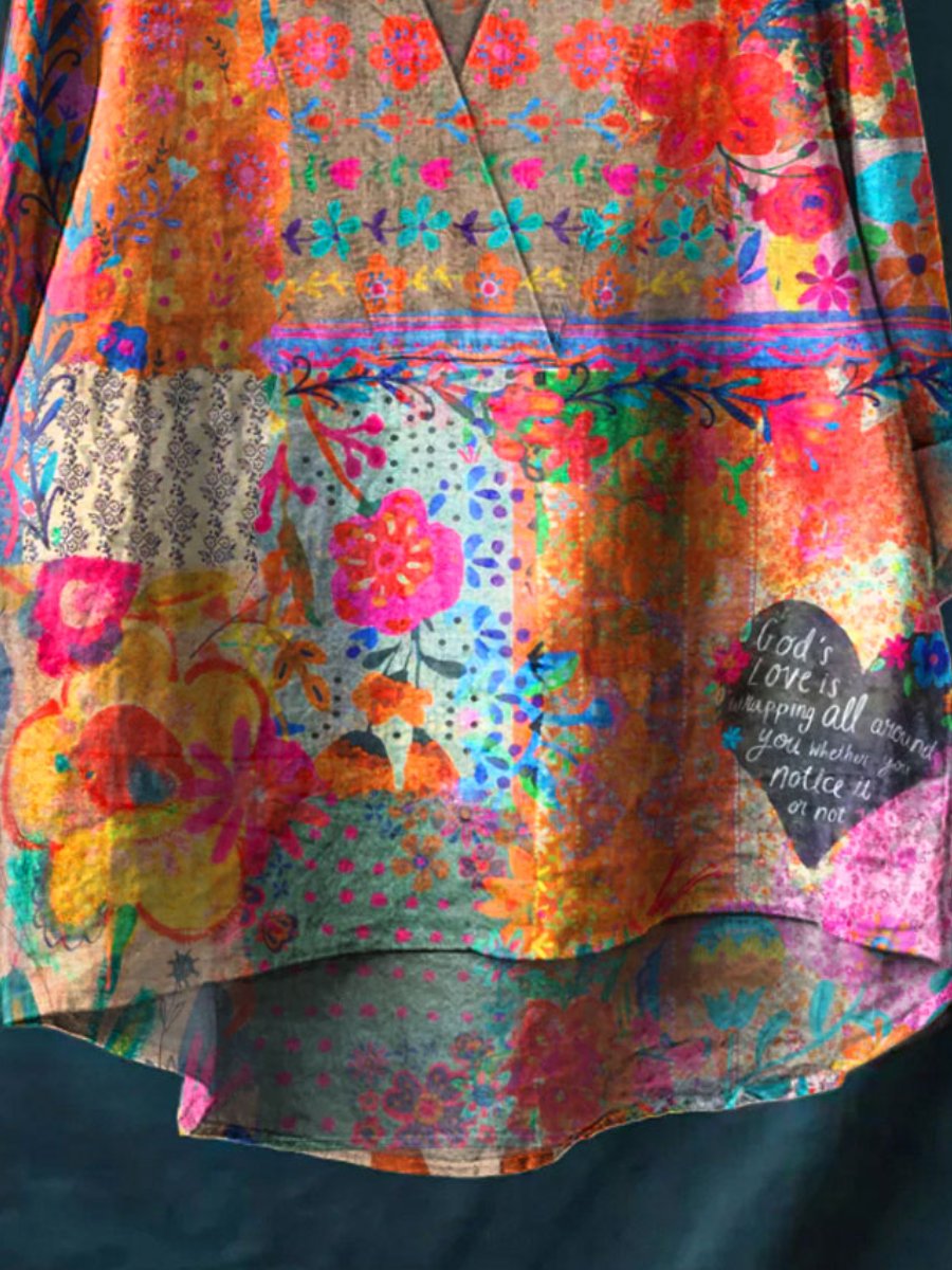 Floral Art Printed Women's Casual Cotton And Linen V-neck Shirt