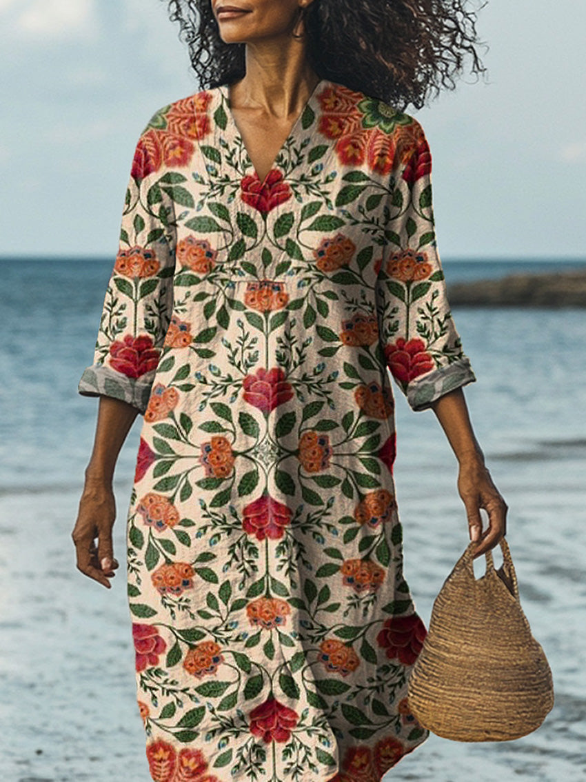 Vintage Symmetrical Floral Pattern Printed Women's Dress