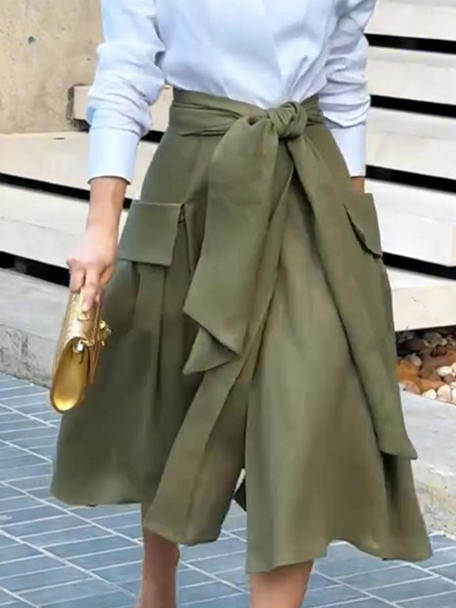 Women's Elegant Tie Pocket Decorated Linen Skirt