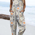 Women's Vintage Abstract Geometric Art Print Casual 100% Cotton Wide Leg Jumpsuit