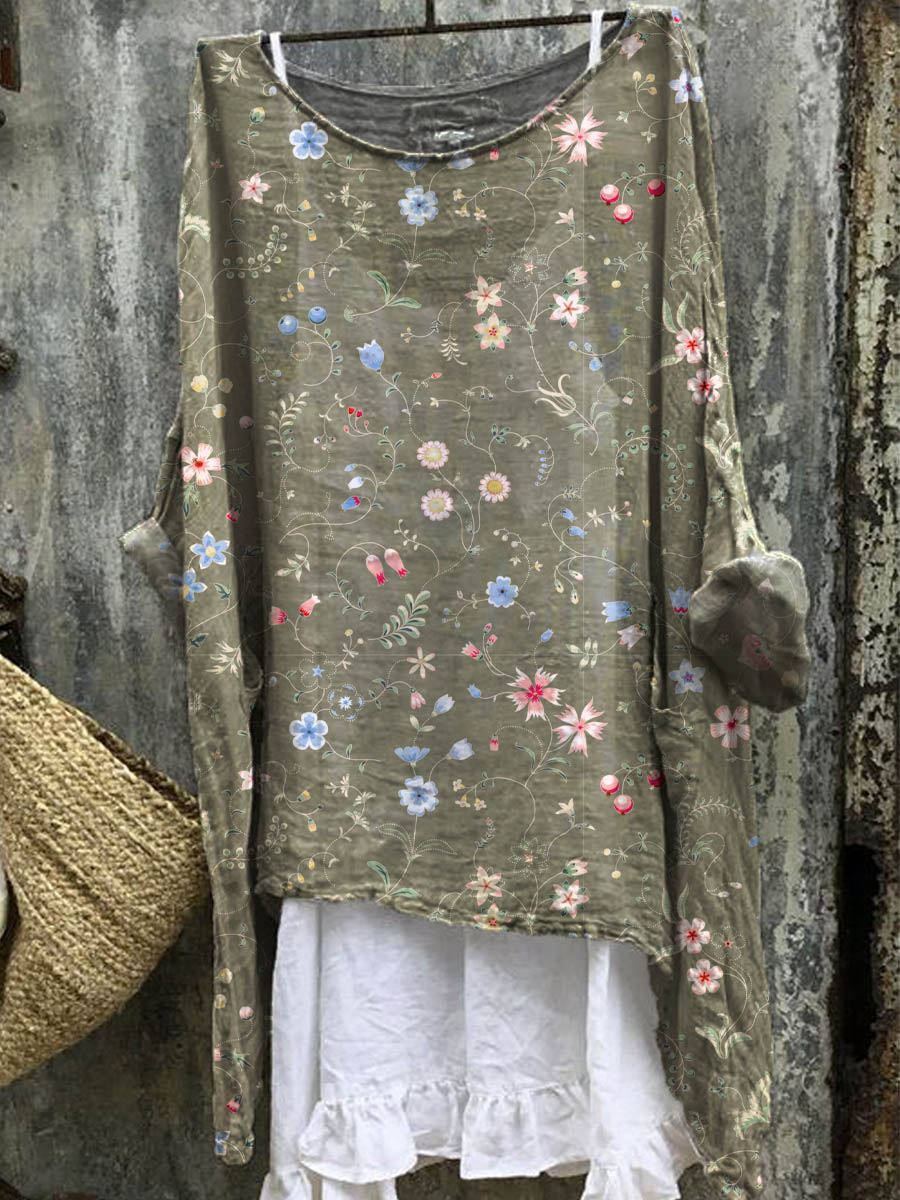 Women's Vintage Floral Art Print Casual Cotton Linen Pullover Top
