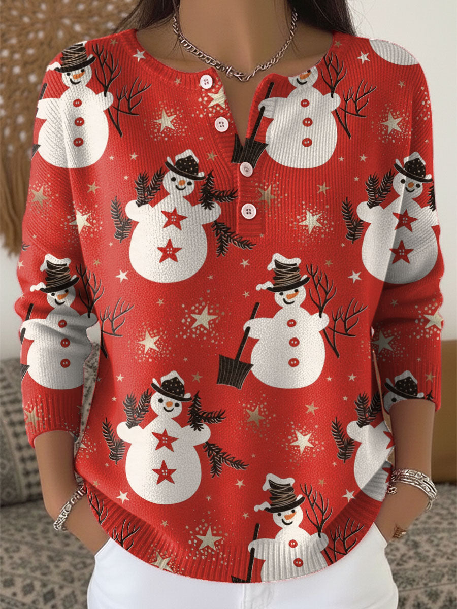 Women's Christmas Snowman Pattern Art Print Buttoned Cardigan Sweater