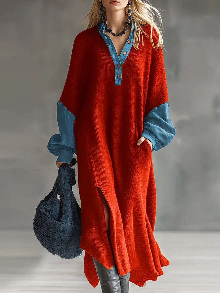 Women's Shirt Collar Long Sleeve Denim Stitching Casual Loose Knit Dress