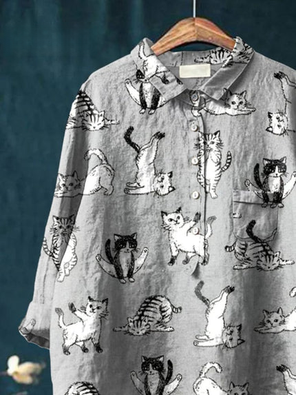 Chemise décontractée pour femme en coton et lin imprimée avec un motif de chat de yoga