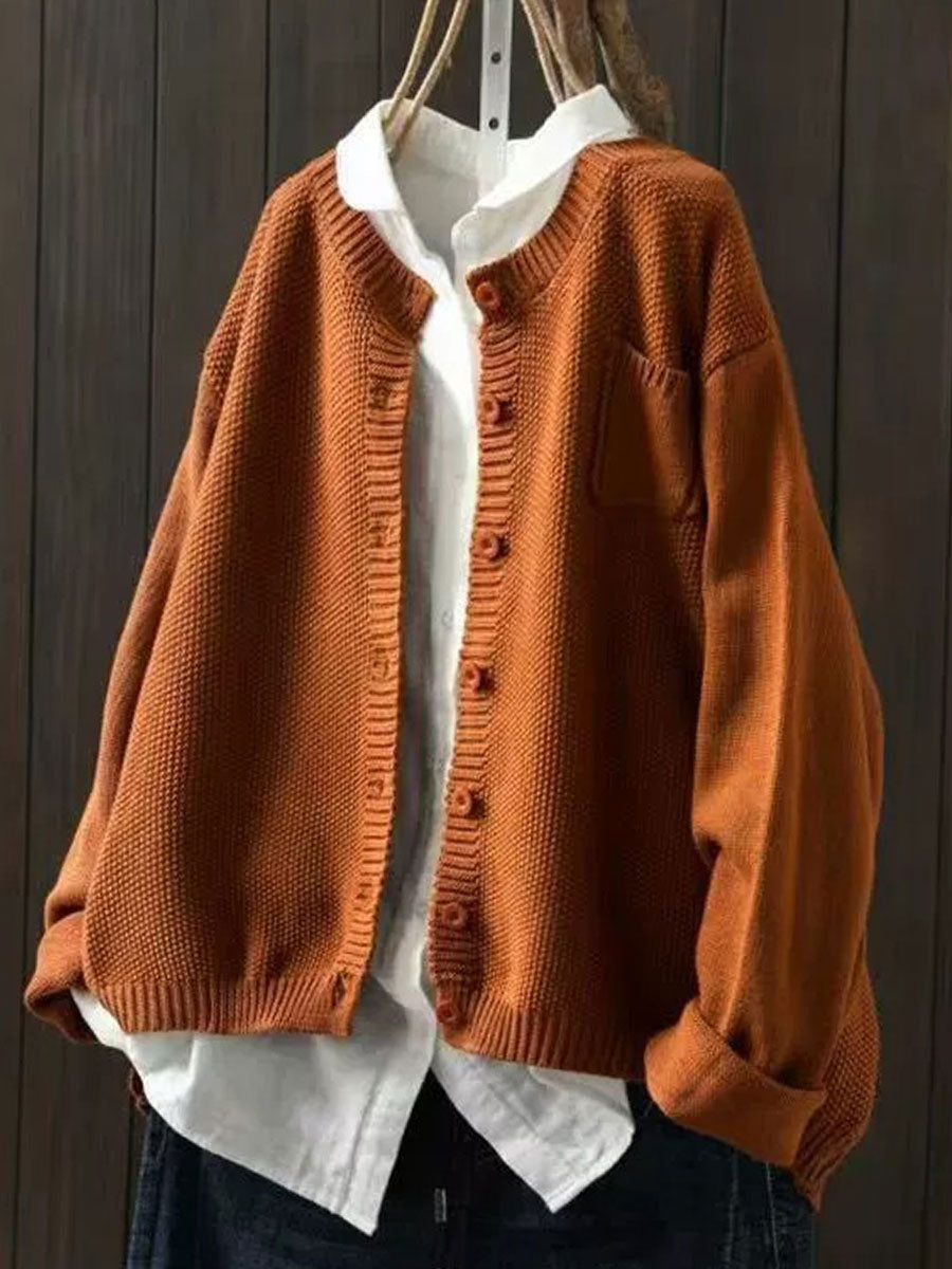 Women's Solid Color Pocket Round Neck Sweater Knitted Jacket