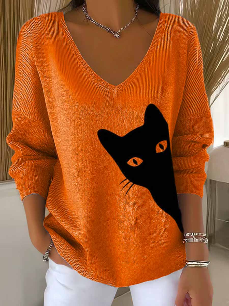 womens-lovely-cat-art-print-casual-pullover-sweater