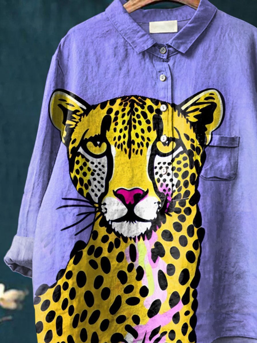 Leopard Art Printed Women's Casual Cotton And Linen Shirt