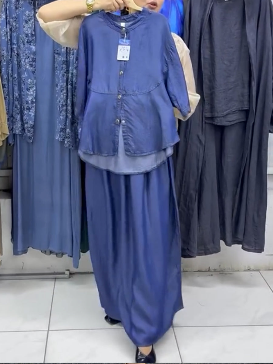 Women's Tencel Faux Denim Shirt and Skirt Set