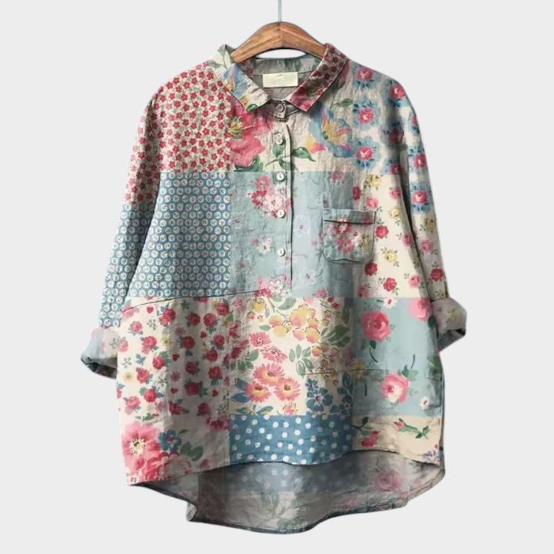 Vintage Print Blouse for Women Spring Autumn Linen Cotton Long Sleeve Button-Up Shirt with Pockets