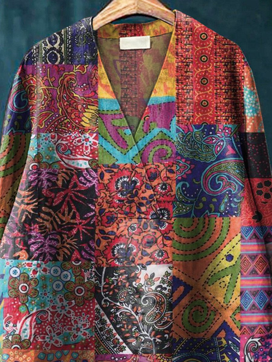Traditional Style Indian Patchwork Pattern Printed Women's Casual Cotton And Linen V-Neck Shirt