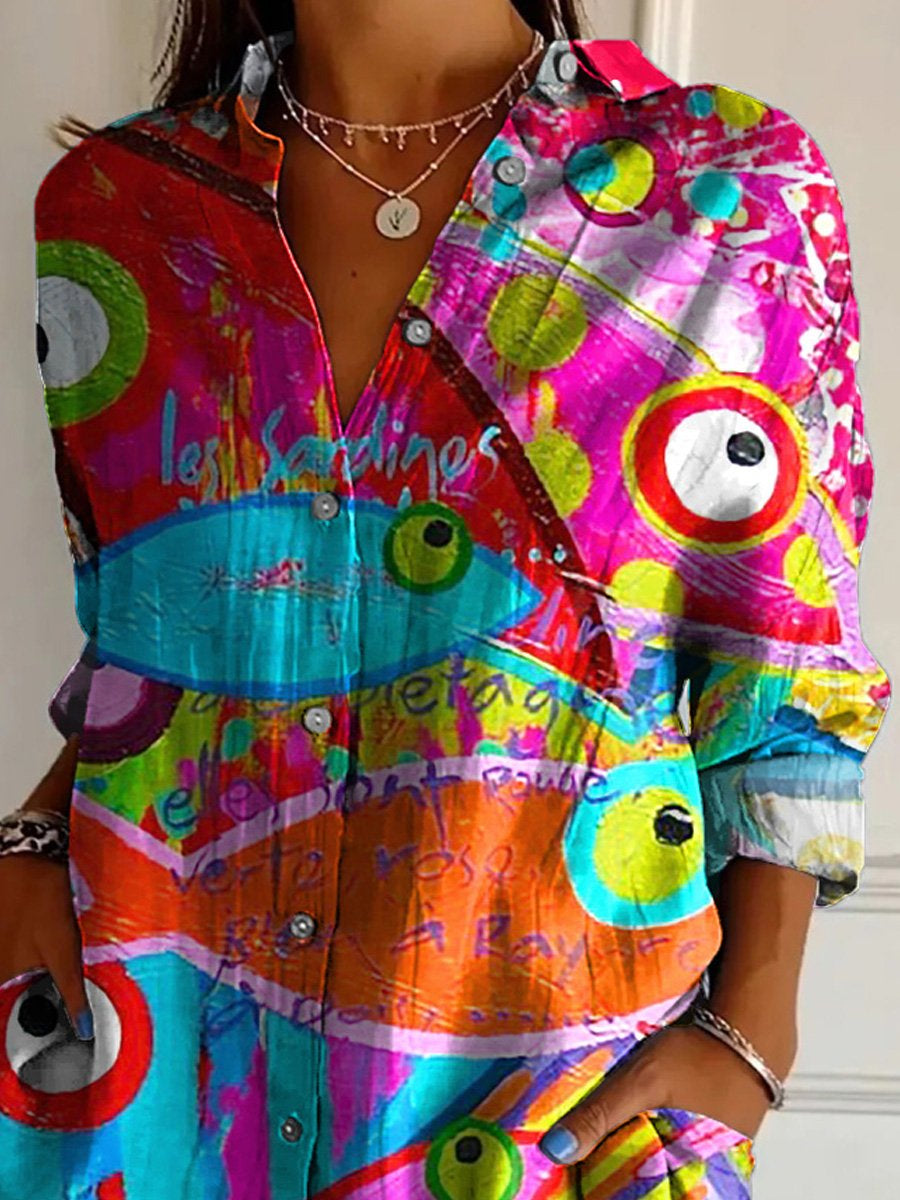 Abstract Sardine Fish Oil Painting Printed Women's Casual Cotton Shirt
