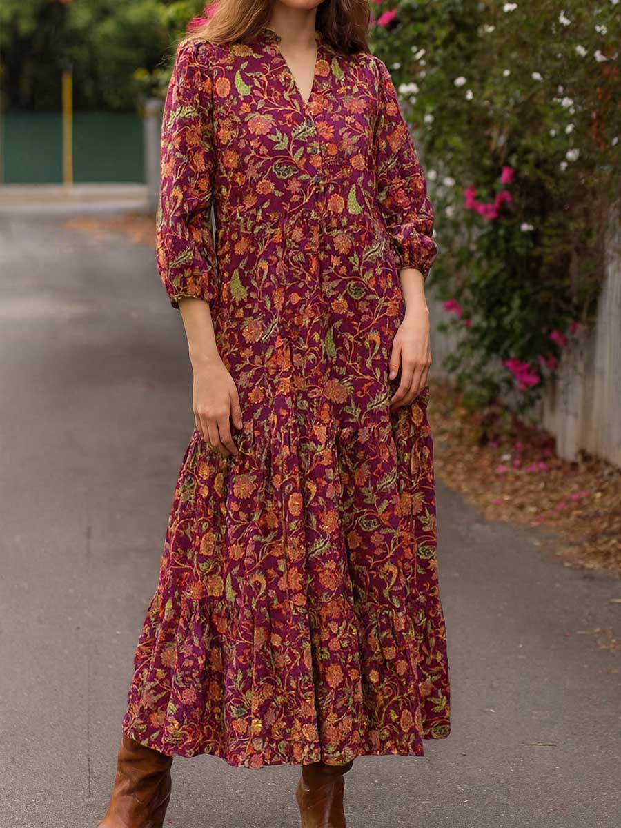 Women's Retro Print V-Neck 3/4 Sleeve Casual Loose A-Line Cotton Dress