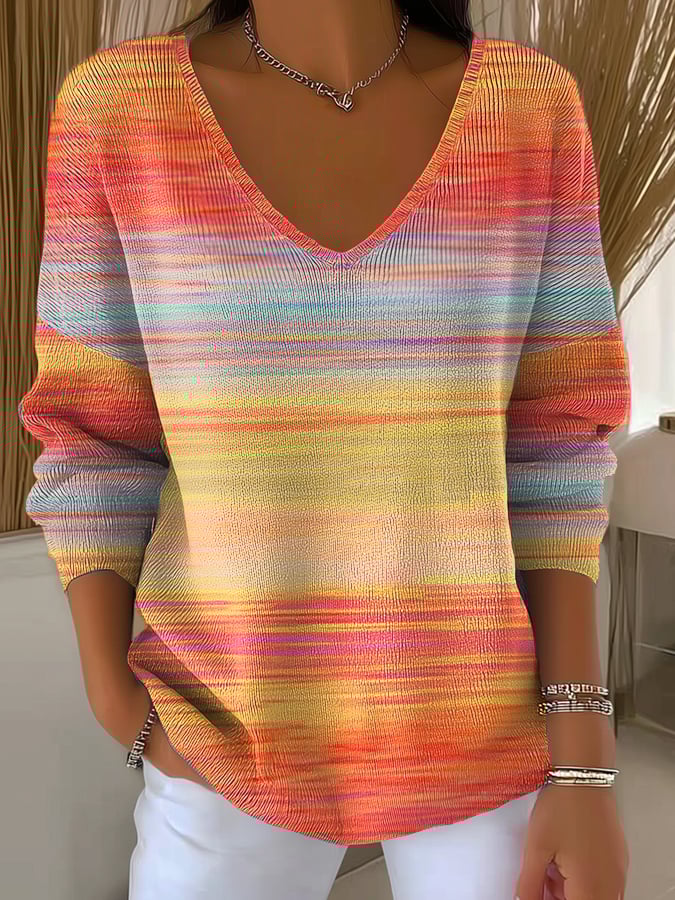 Women's Casual Autumn Gradient Striped Pullover Sweater