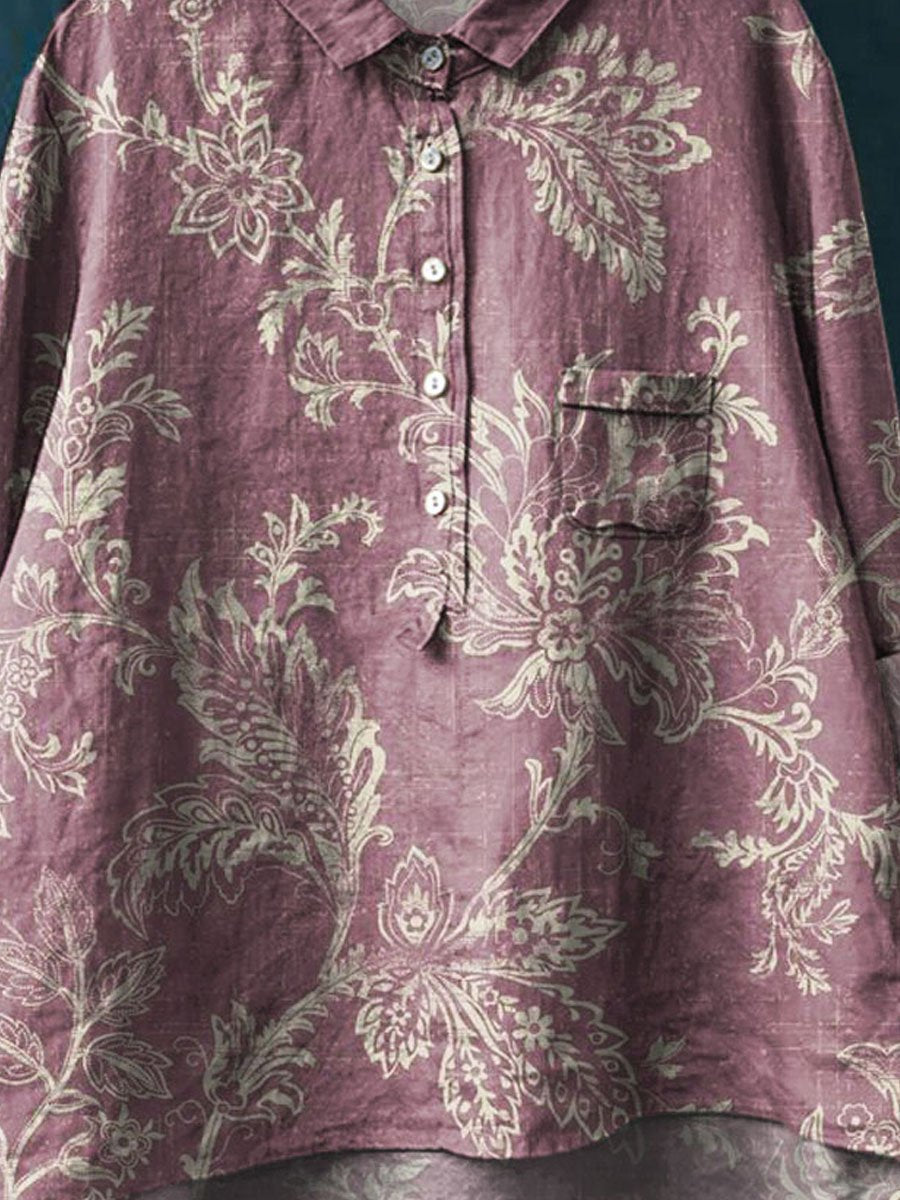 Women's Vintage Floral Art Print Casual Cotton And Linen Shirt