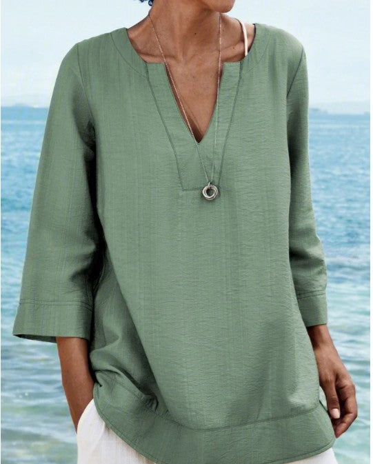 Women's V-neck Wrist-Length Sleeve T-shirt Top