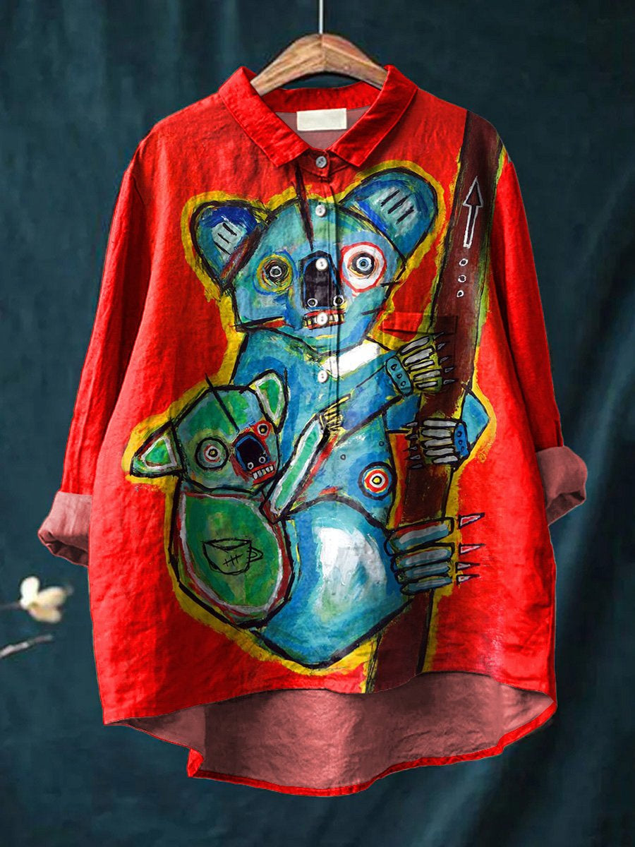 Abstract Koalas Art Printed Women's Casual Cotton And Linen Shirt