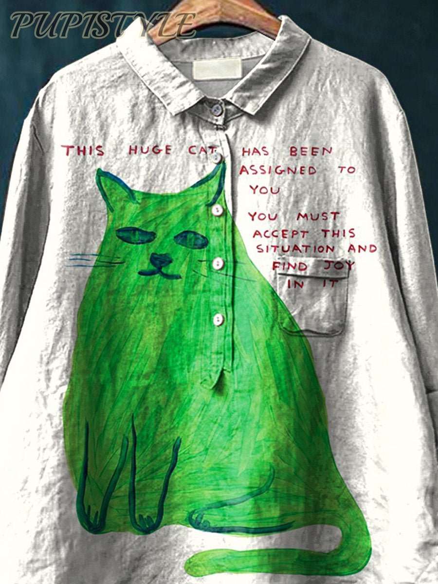 Funny Cat Joke Graphic Printed Women's Casual Cotton And Linen Shirt