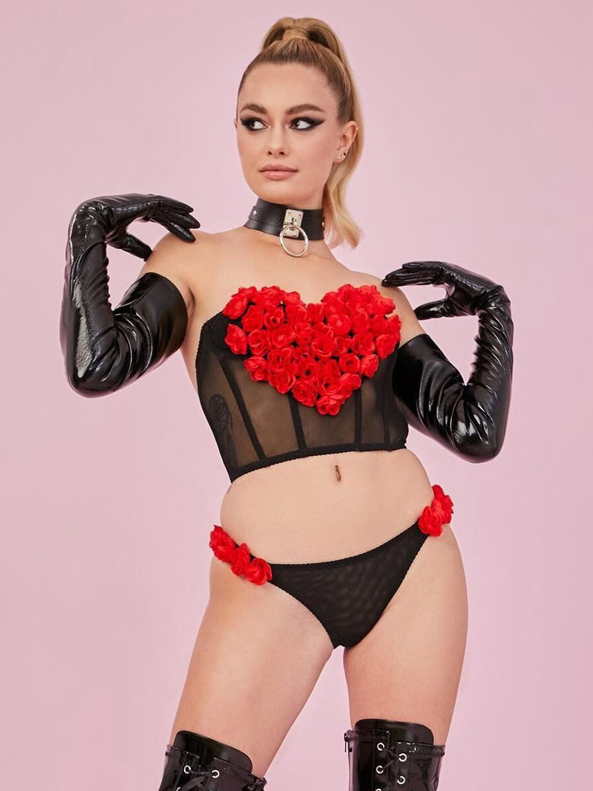 Female Rose Heart Shape Mesh PU Faux Leather Lingerie Set