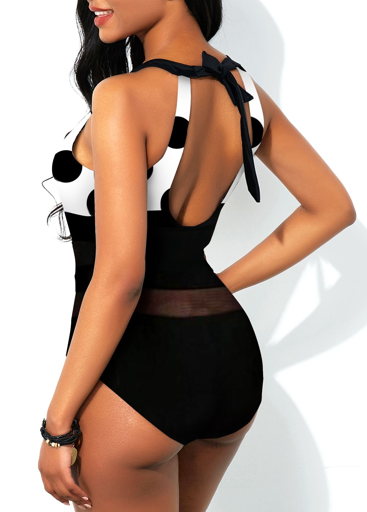 Polka Dot Mesh Stitching Black One Piece Swimwear