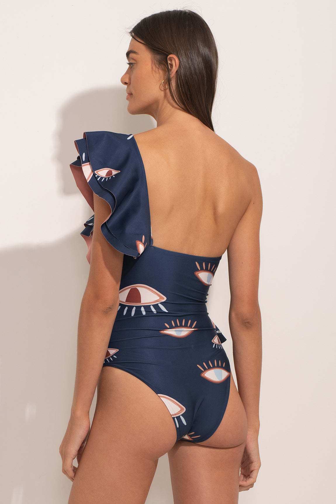 One-Shoulder Ruffled Eye-Print Swimsuit