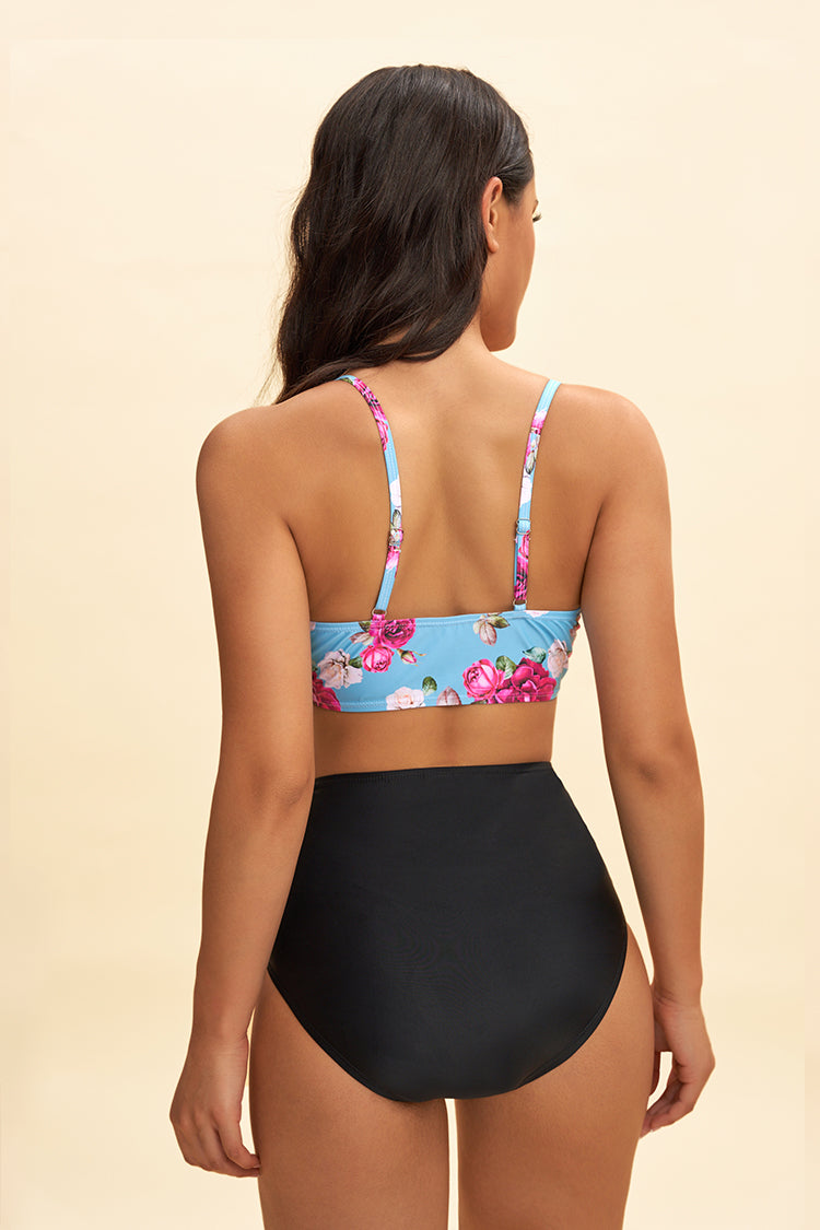 Floral Print And Black Bottom Two Piece Bikini Set