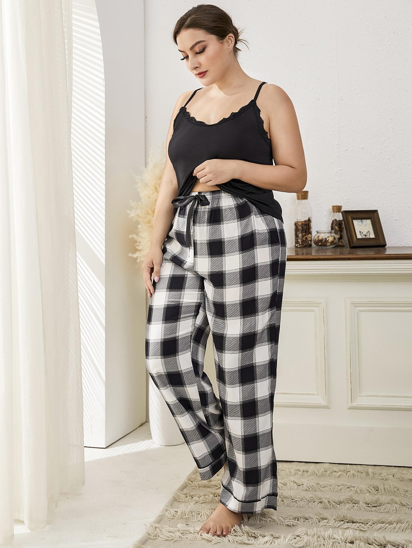 Plus Lace Trim Gingham PJ Set