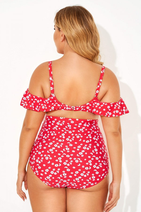 Rotes Bikini-Set mit Blumenmuster, Rüschen und Bügeln für Damen