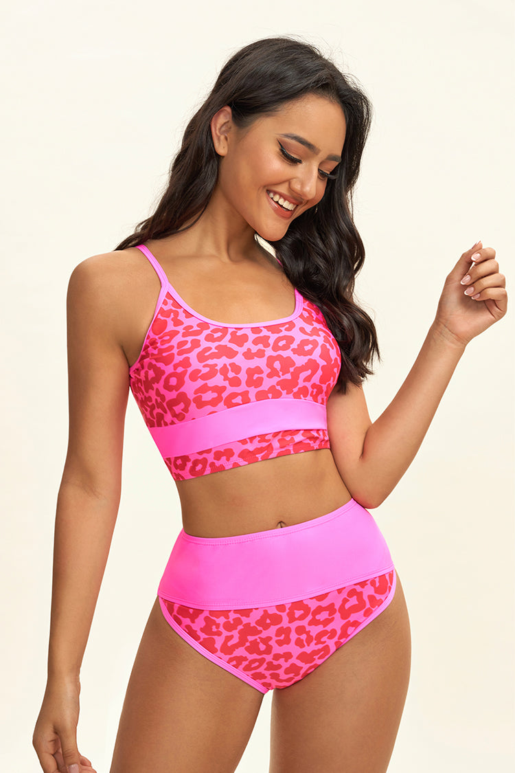 Pink Scoop Neck Leopard Print High Waist Bikini Set