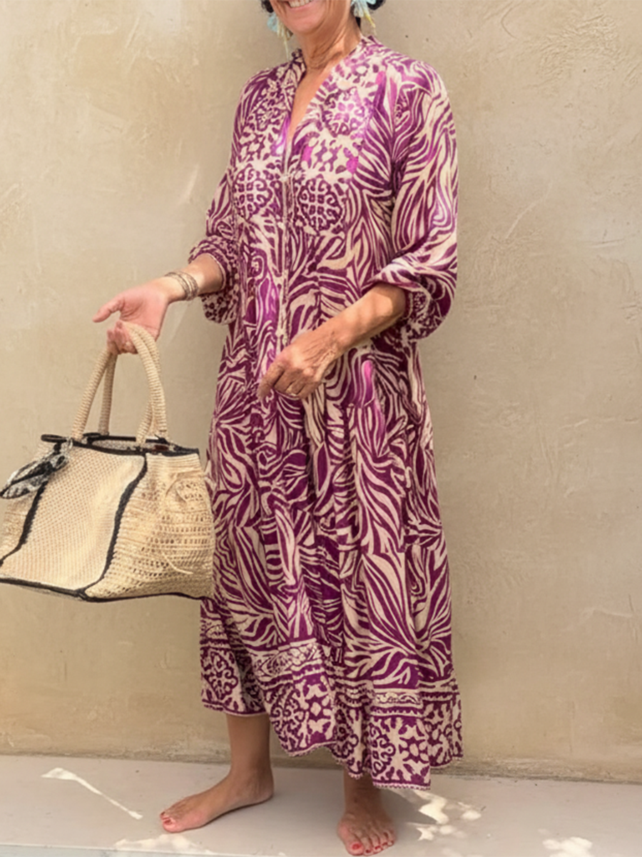 Elegant Shiny Floral Print V-neck Midi Cotton Dress