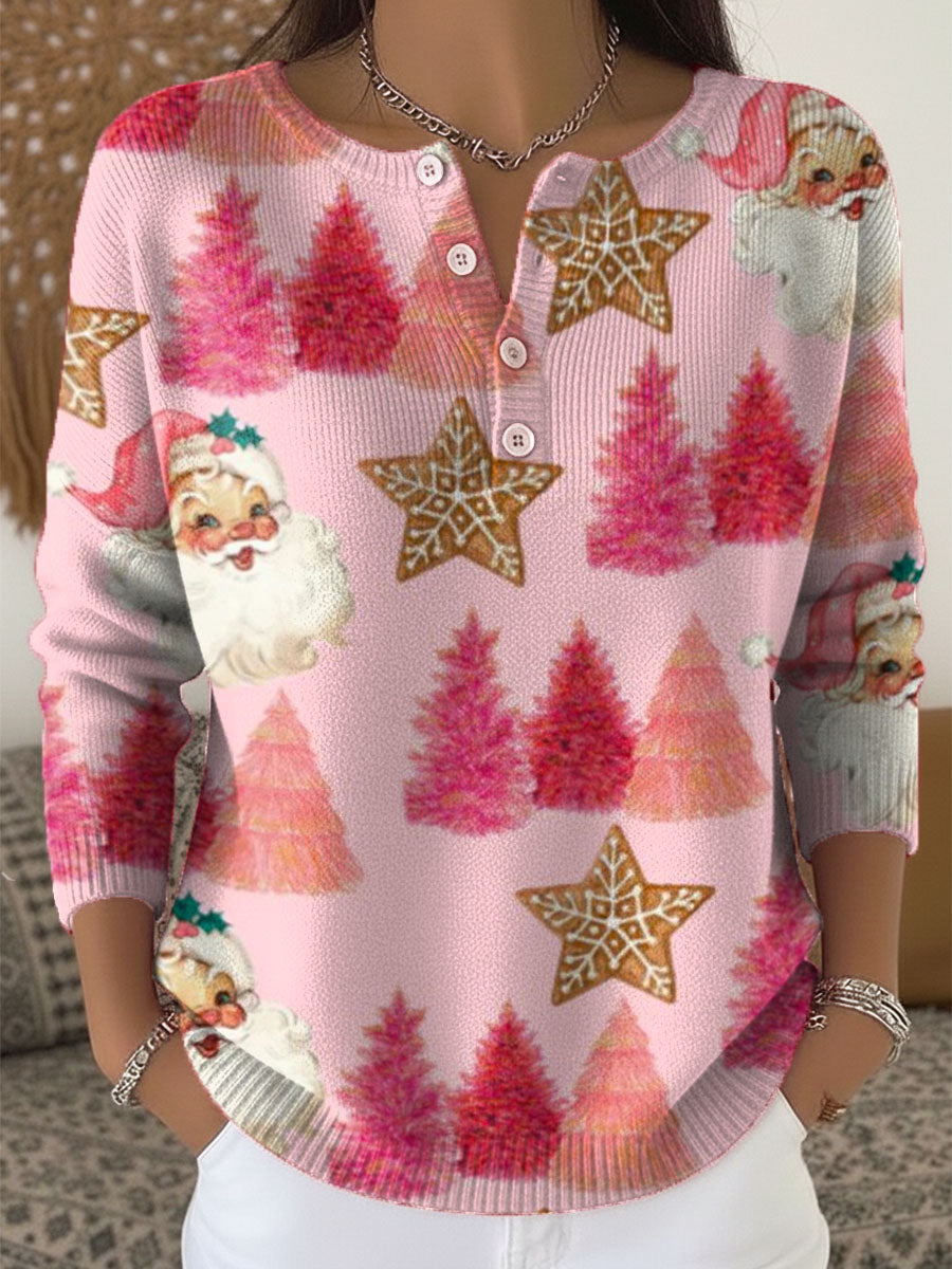 Women's Christmas Tree Santa Art Print Buttoned Cardigan Sweater