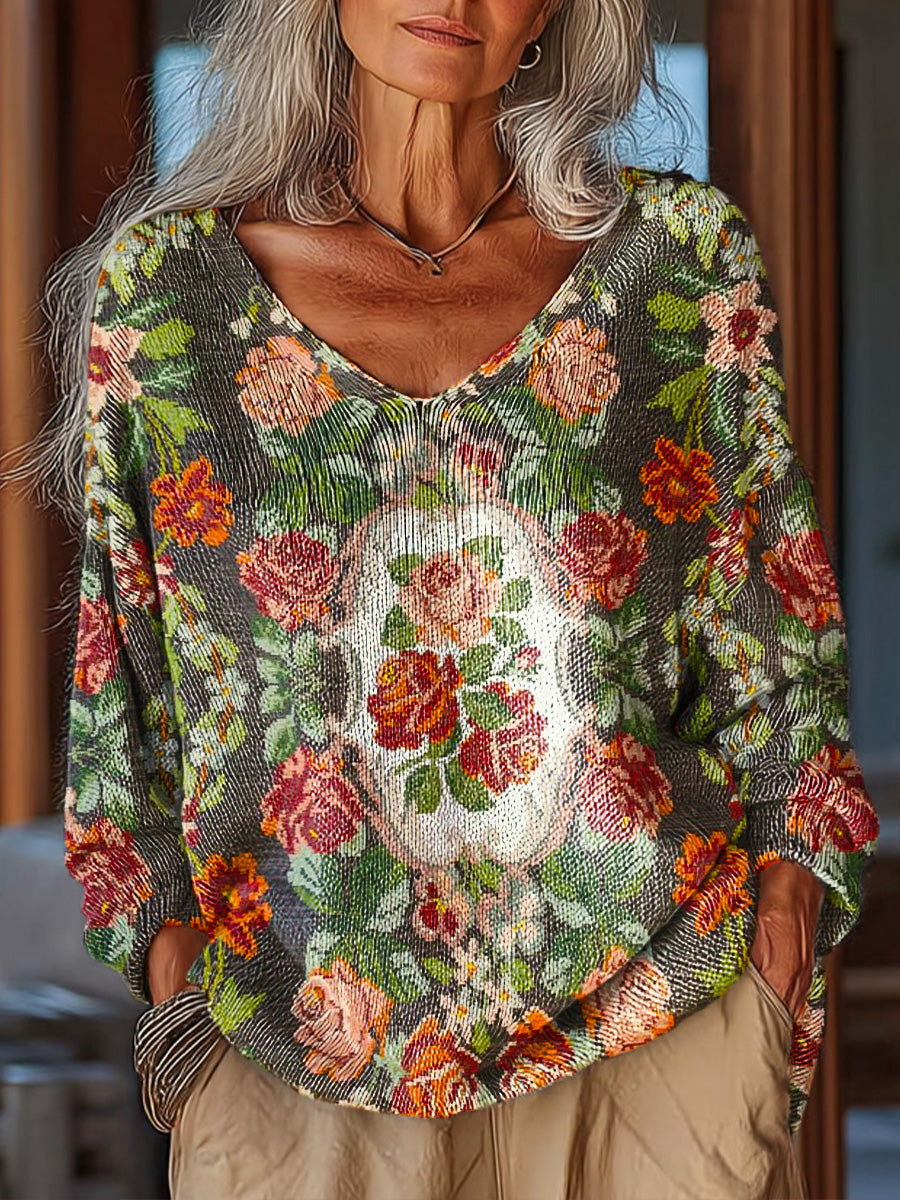womens-vintage-floral-painting-art-print-casual-pullover-sweater