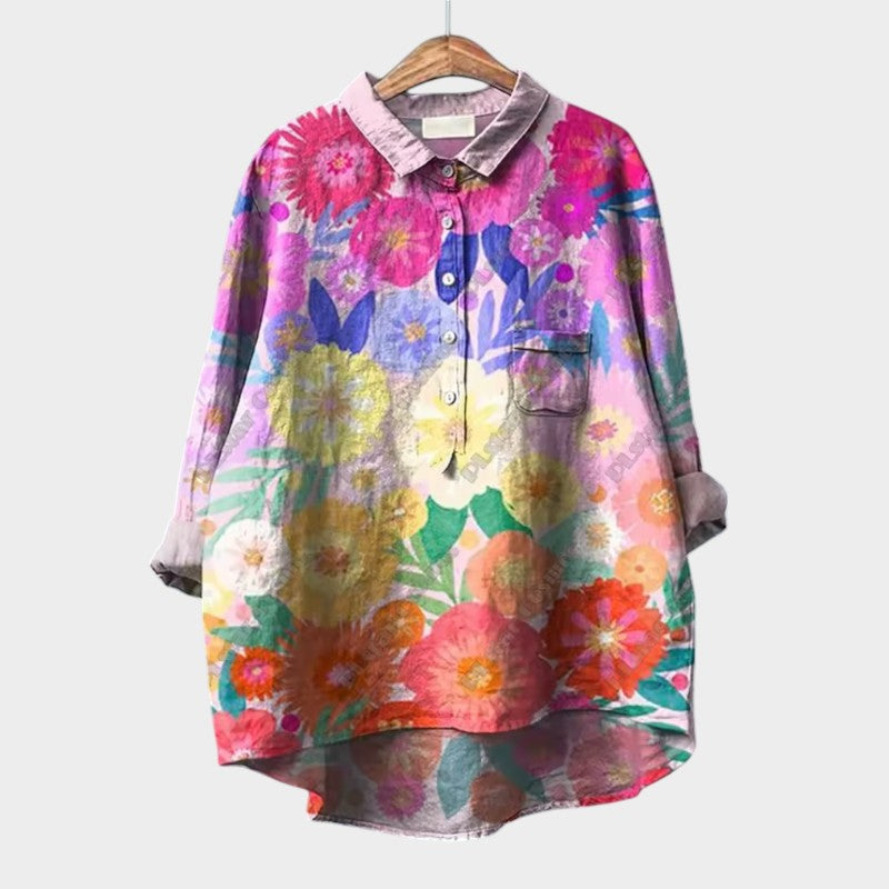 Vintage Print Blouse for Women Spring Autumn Linen Cotton Long Sleeve Button-Up Shirt with Pockets