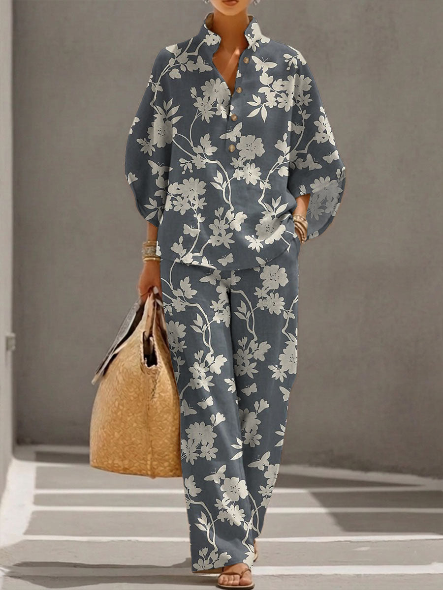 Women's Floral Print Casual Cotton-linen Two-piece Set