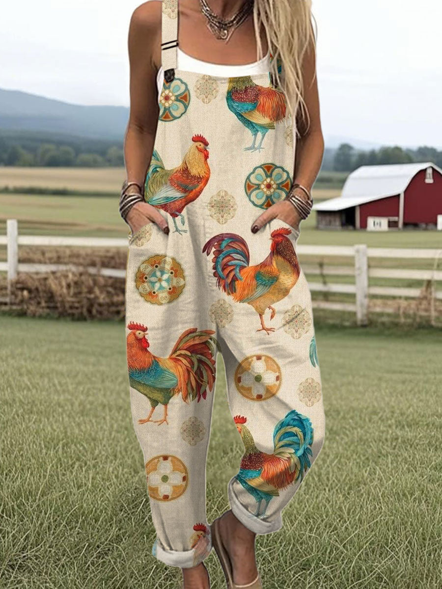 Women's  Funny Chicken Art Print Casual 100% Cotton Wide Leg Jumpsuit