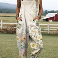 Women's Vintage Oil Painting Art Flower Print Casual 100% Cotton Wide Leg Jumpsuit
