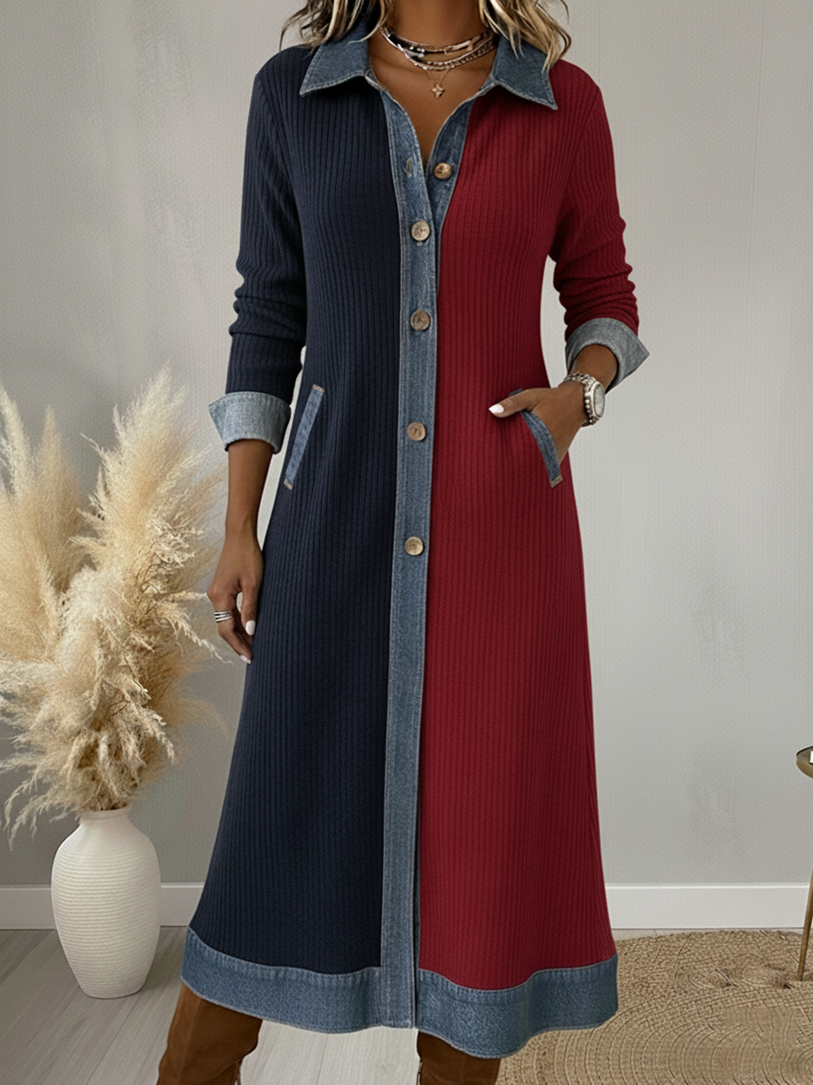Denim Patchwork Contrast Lapel Button Midi Dress