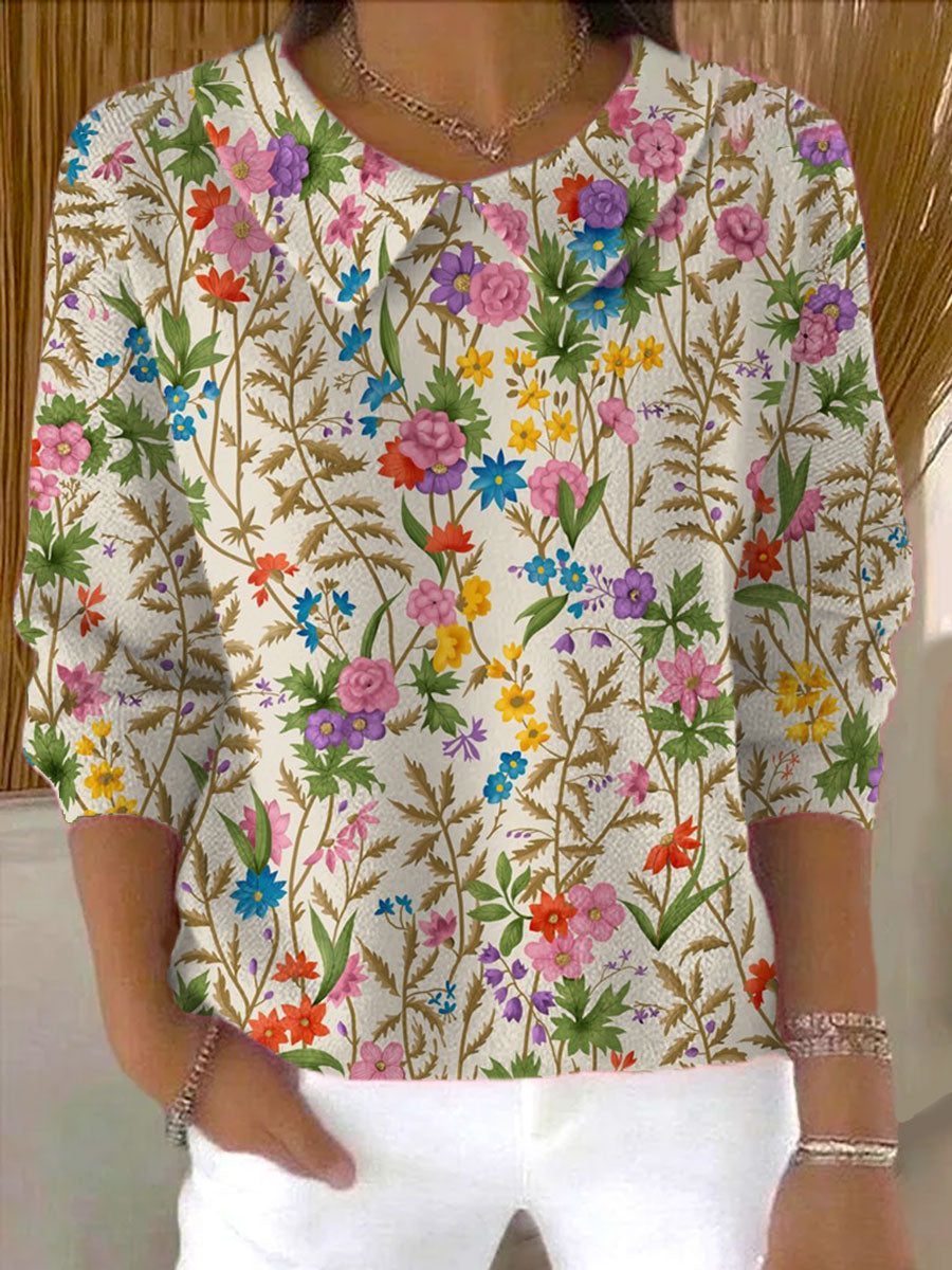 womens-vintage-flower-art-print-casual-peter-pan-collar-3-4-sleeve-sweater-ahq6